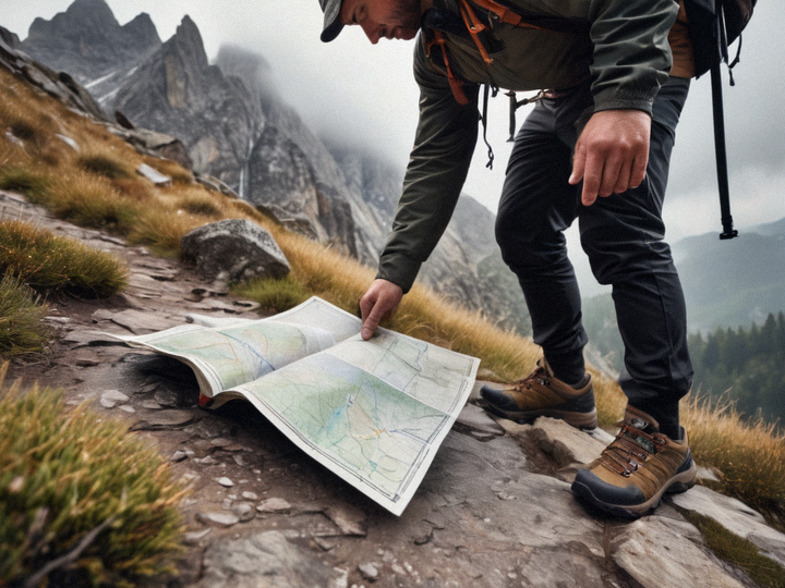 徒步者在山间小路上查看路线与天气情况